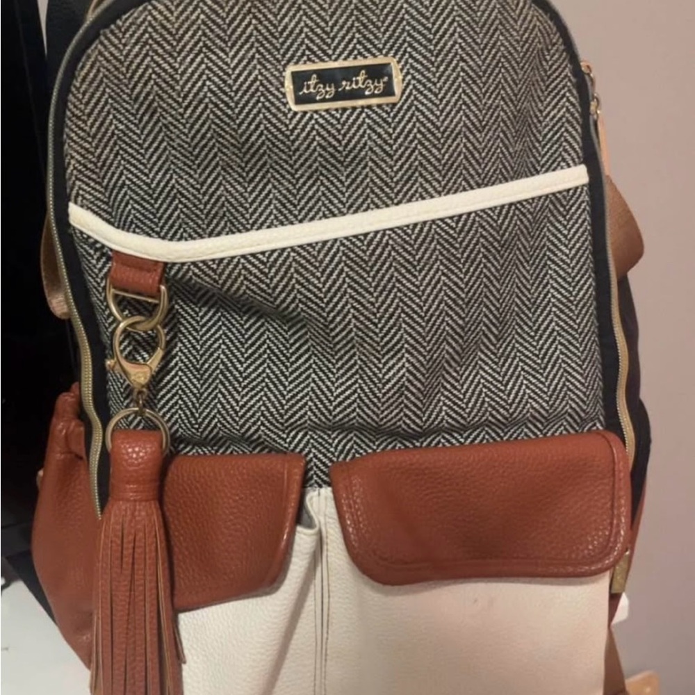 Itzy Ritzy Herringbone Backpack with Brown and White Accents